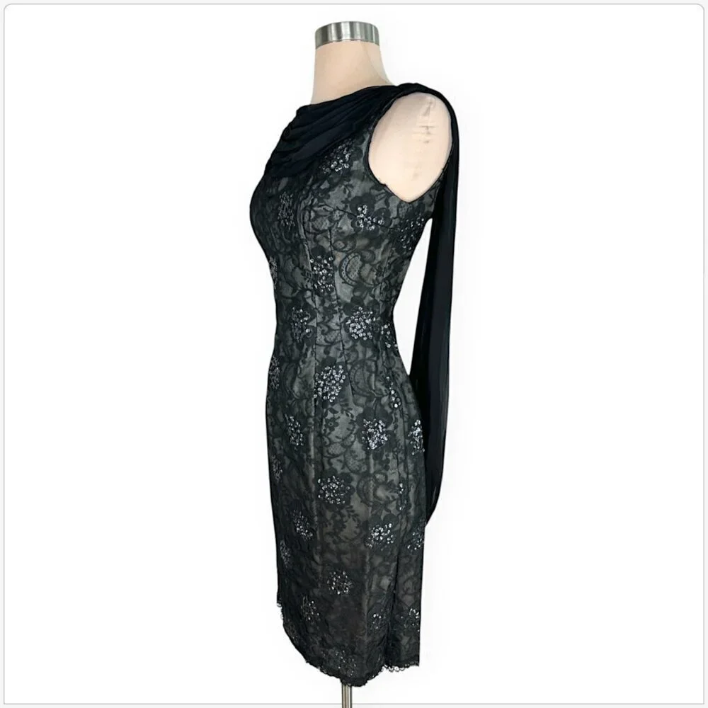 Vintage Black Lace Sequin Floral Draped Scarf Wiggle Sheath Dress Retro 36